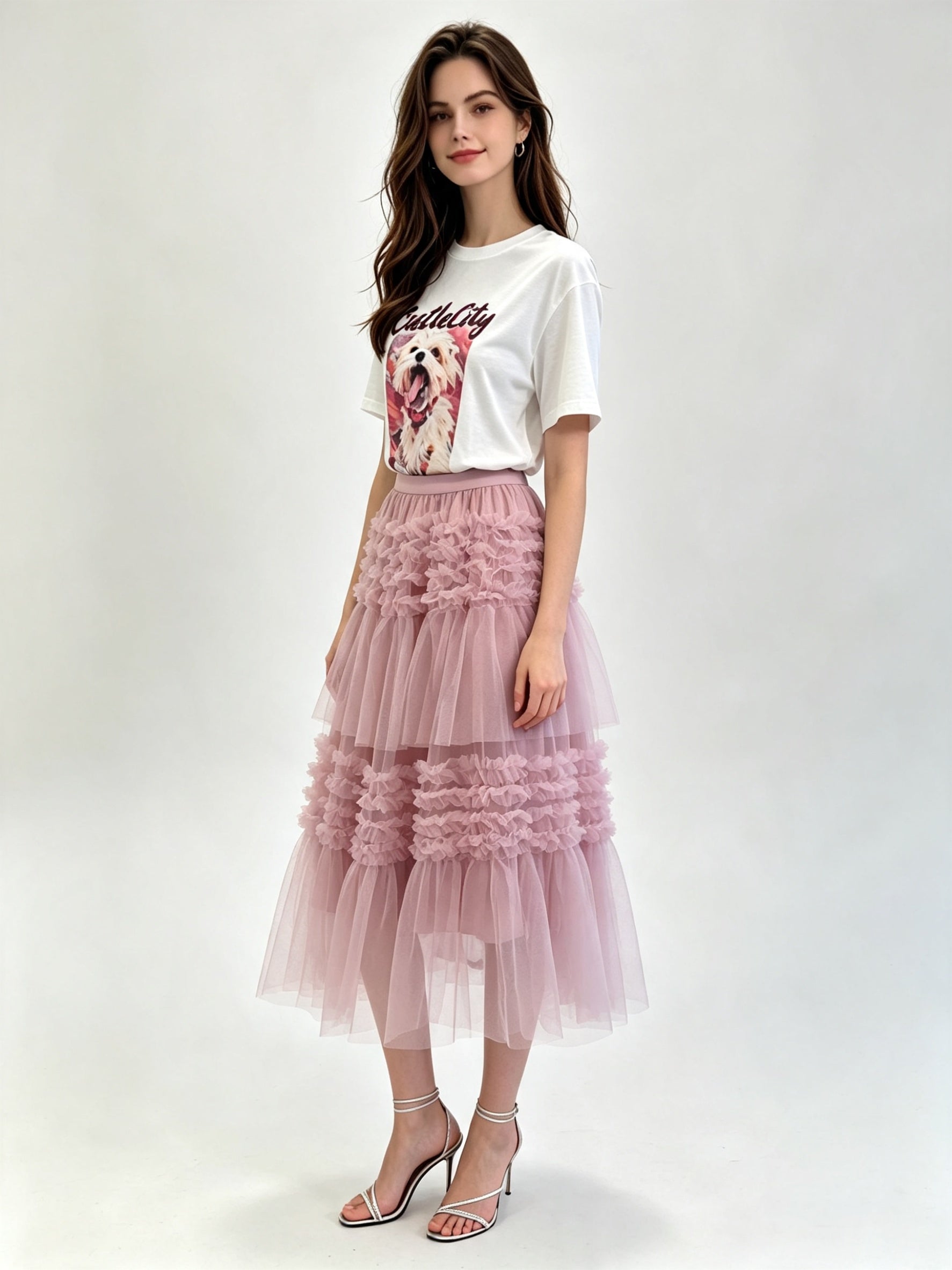 Tiered Ruffle Tulle Midi Skirt