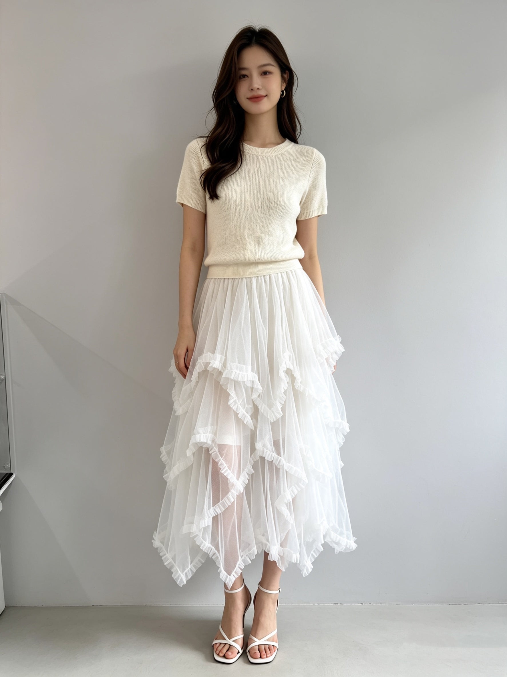 Asymmetric Tiered Tulle Midi Skirt