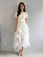 Asymmetric Tiered Tulle Midi Skirt