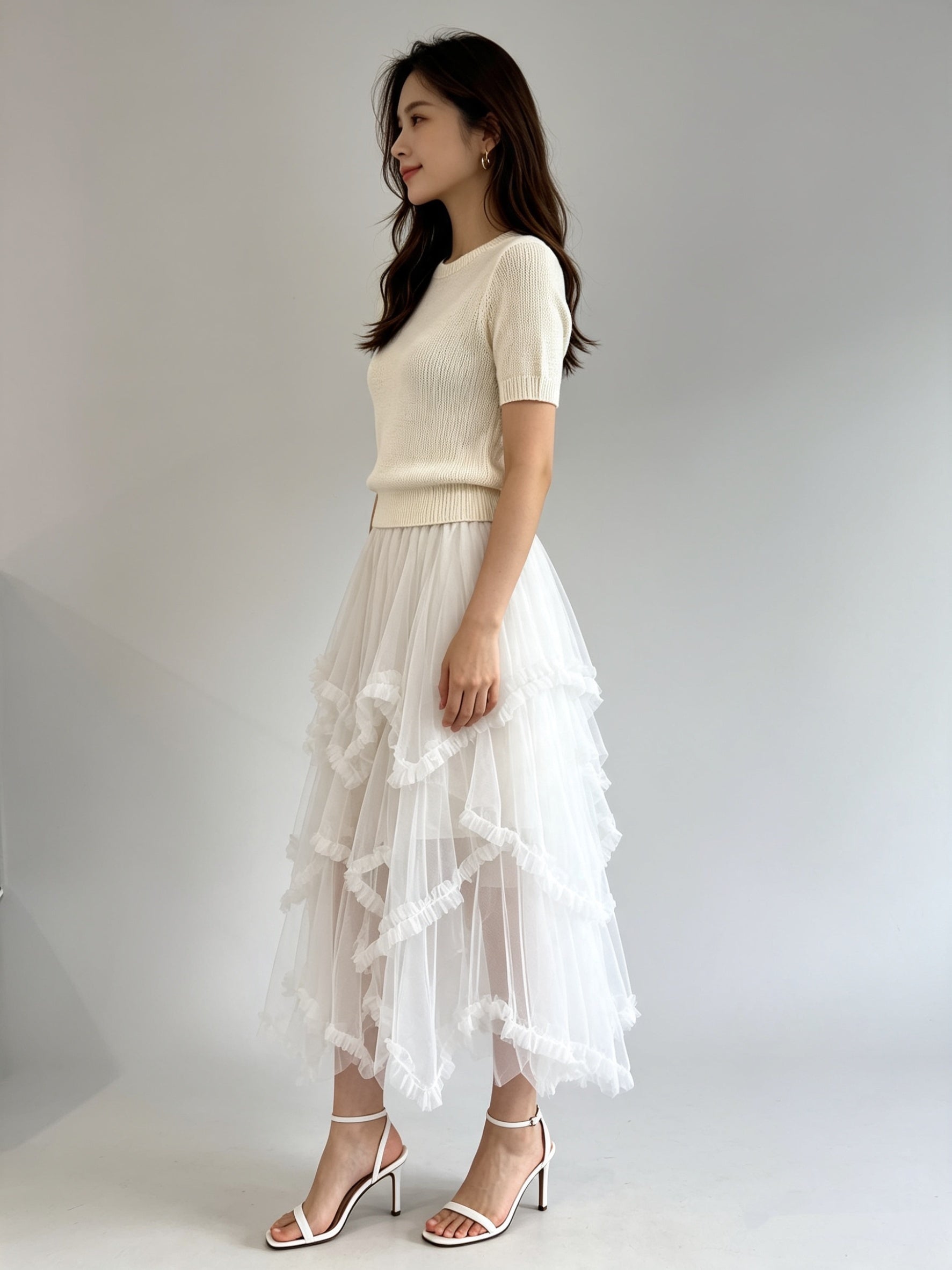 Asymmetric Tiered Tulle Midi Skirt