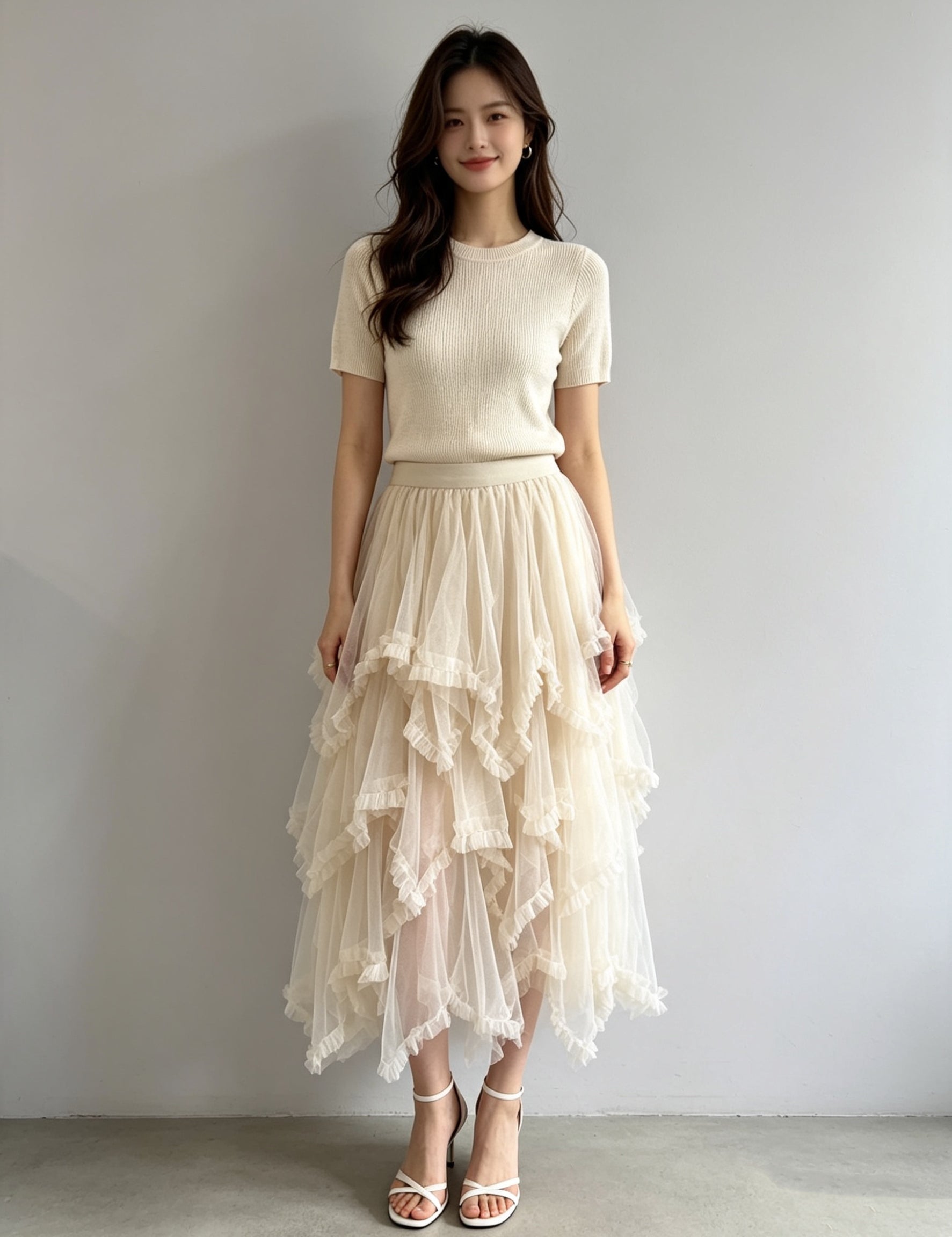 Asymmetric Tiered Tulle Midi Skirt