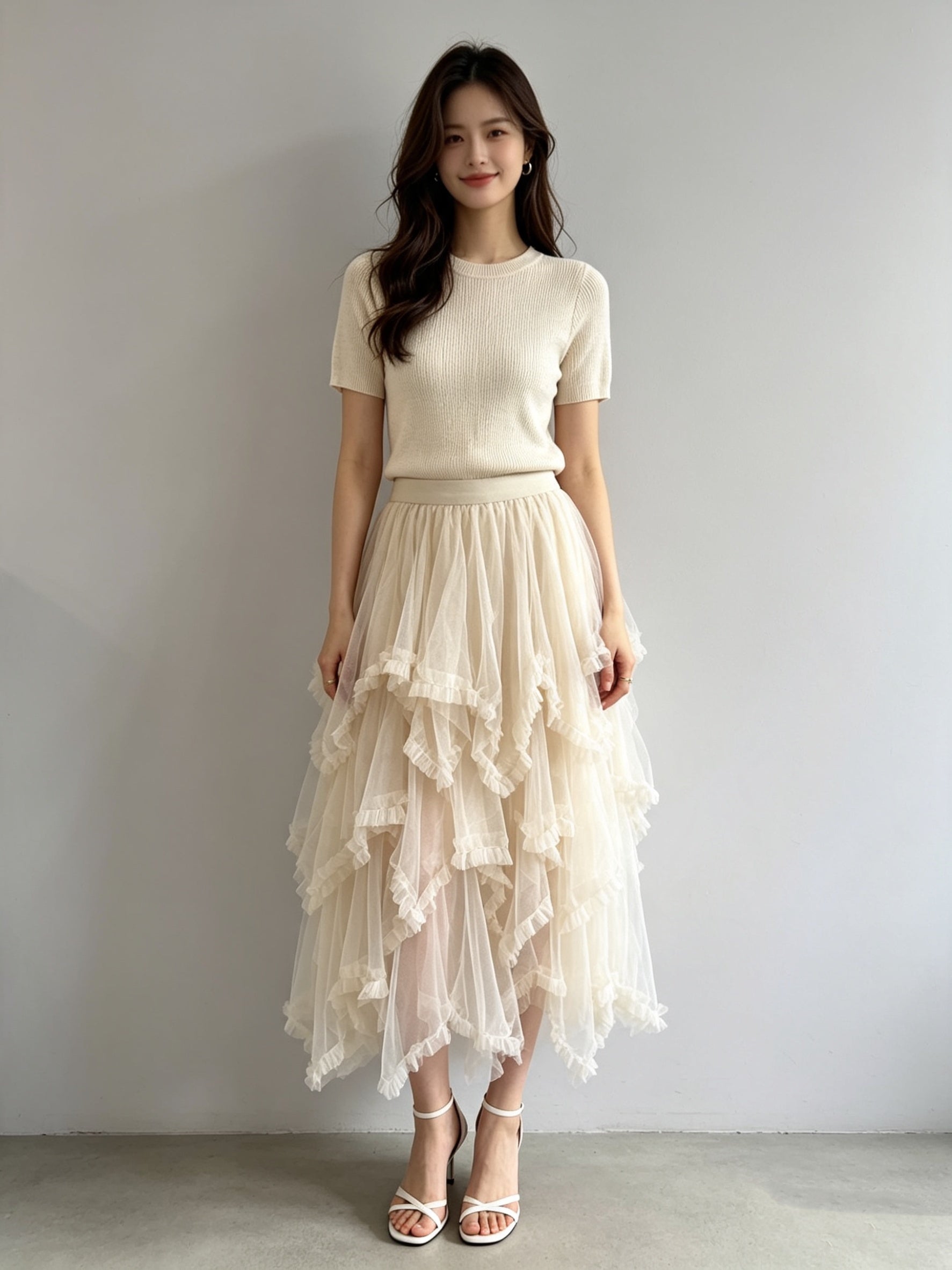 Asymmetric Tiered Tulle Midi Skirt