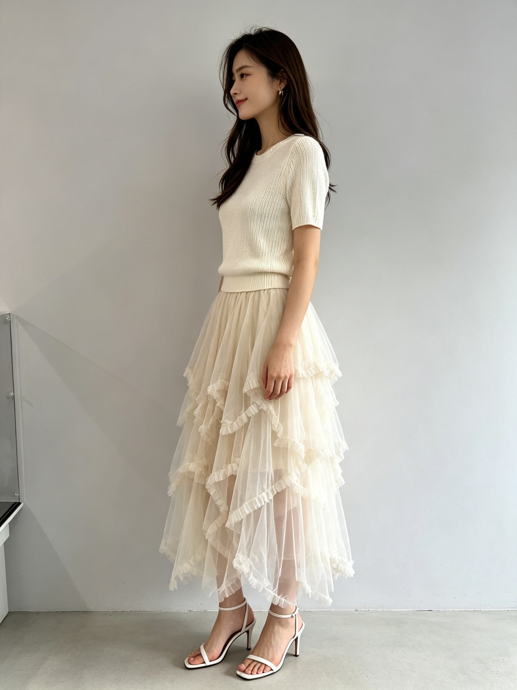 Asymmetric Tiered Tulle Midi Skirt