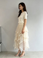 Asymmetric Tiered Tulle Midi Skirt