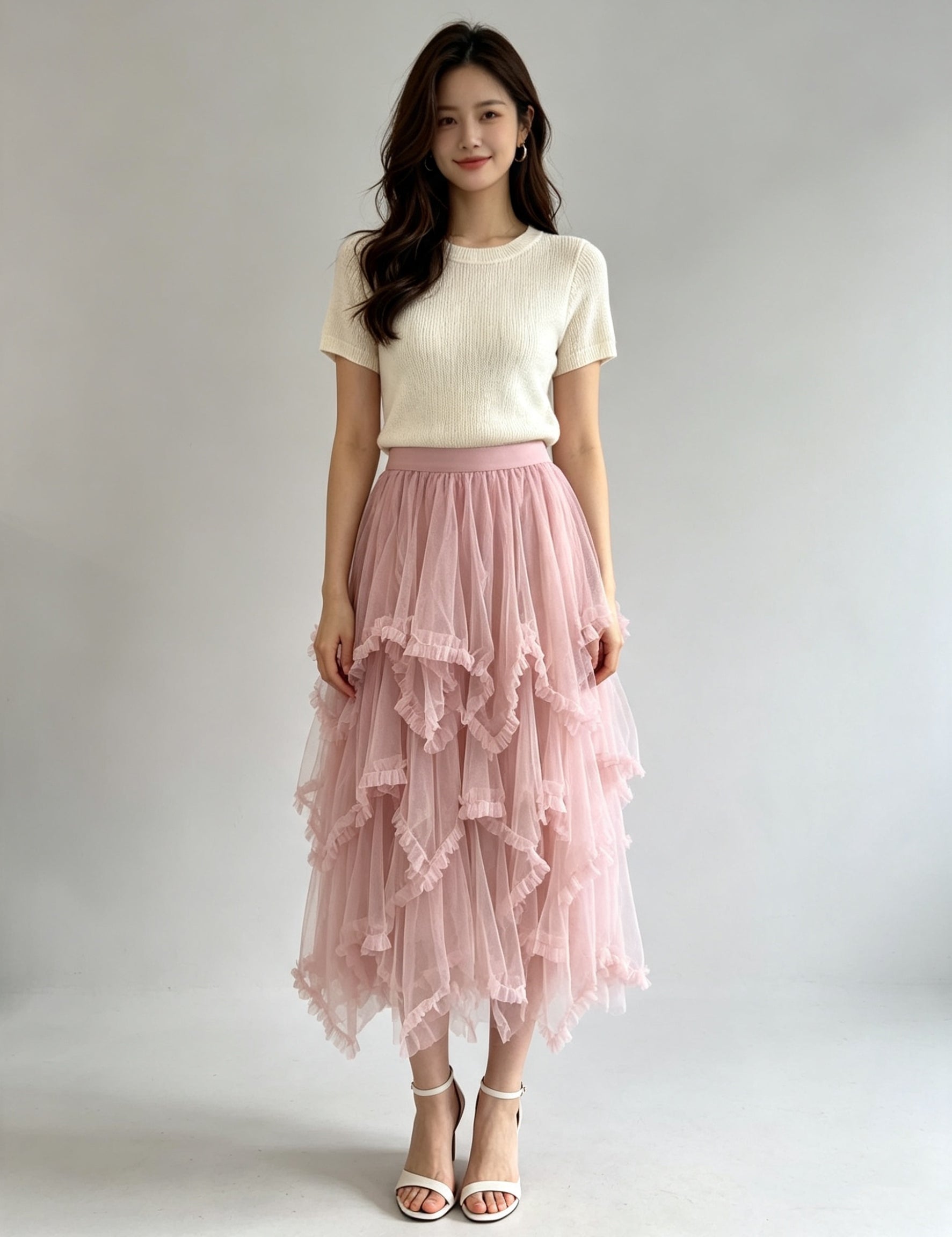 Asymmetric Tiered Tulle Midi Skirt