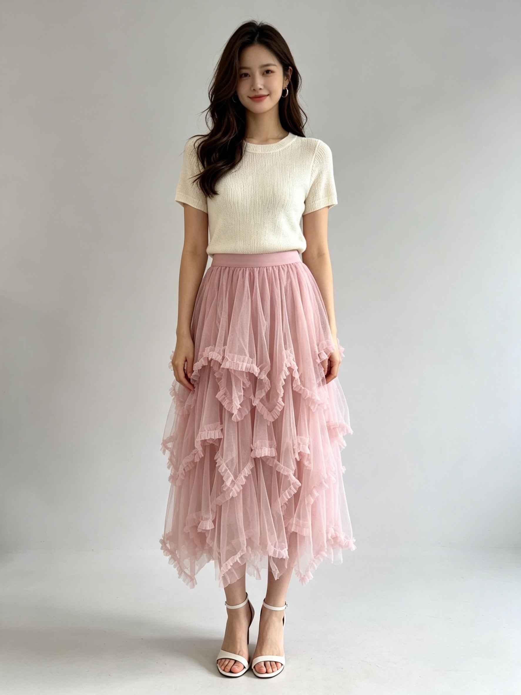 Asymmetric Tiered Tulle Midi Skirt