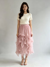 Asymmetric Tiered Tulle Midi Skirt