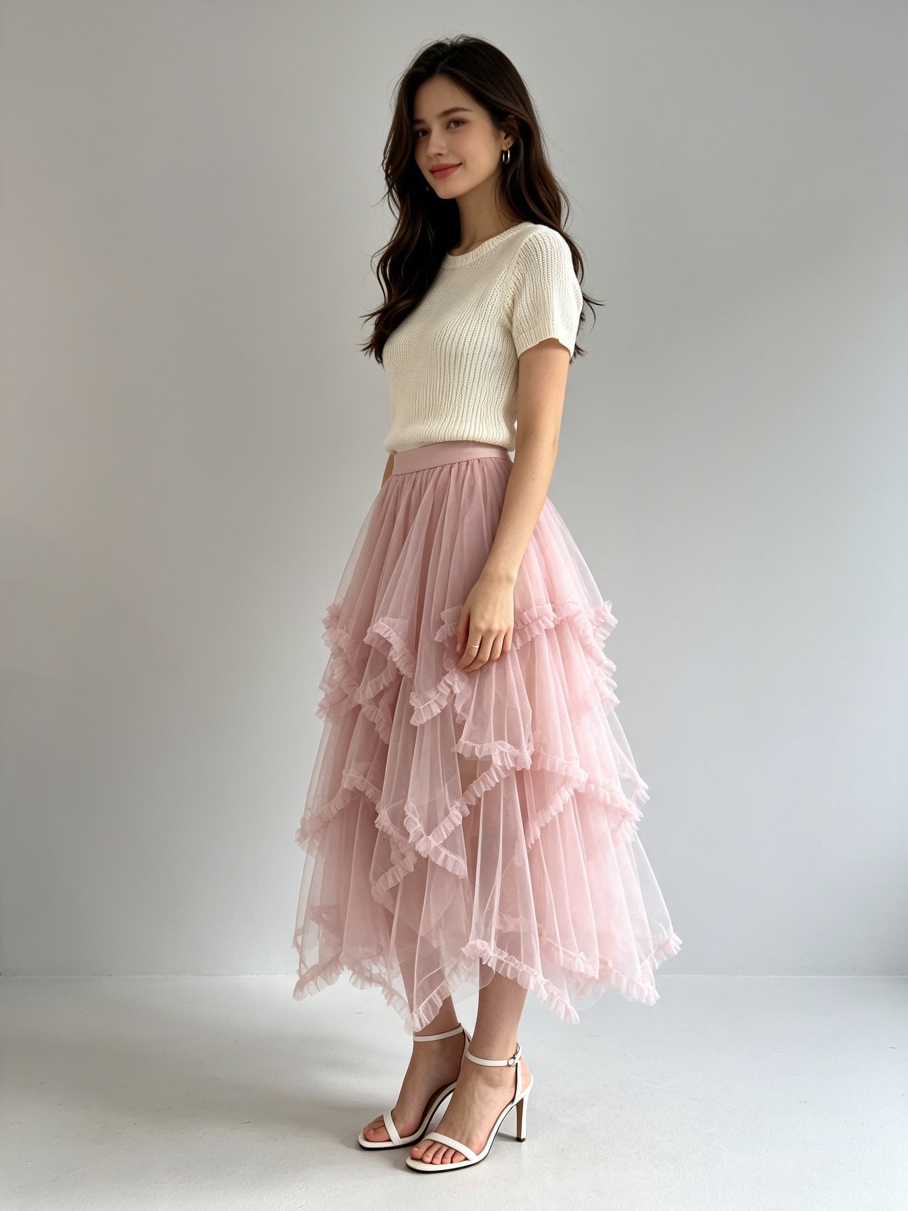 Asymmetric Tiered Tulle Midi Skirt