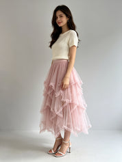 Asymmetric Tiered Tulle Midi Skirt
