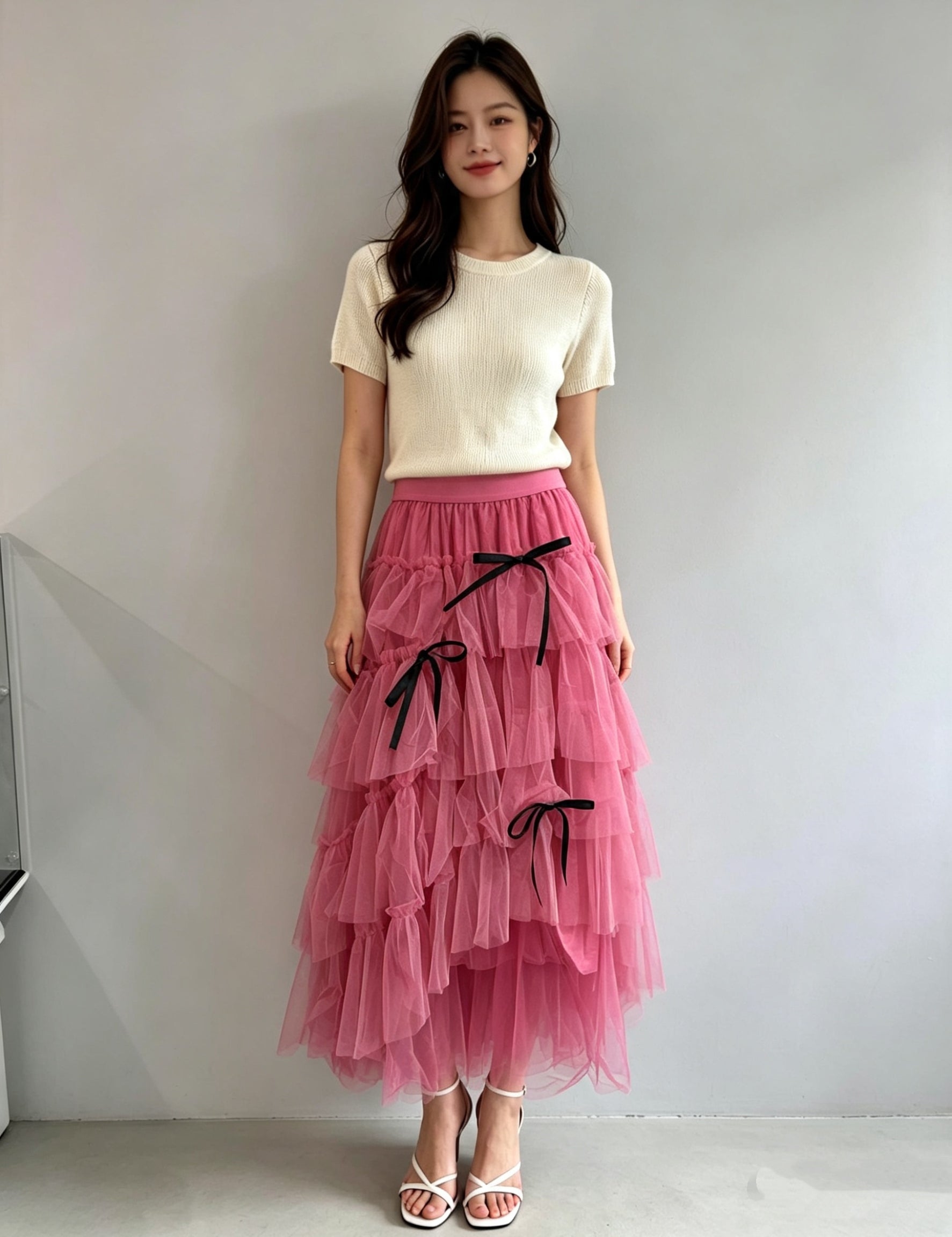 Tiered Tulle Midi Skirt with Bow Ribbon Detail