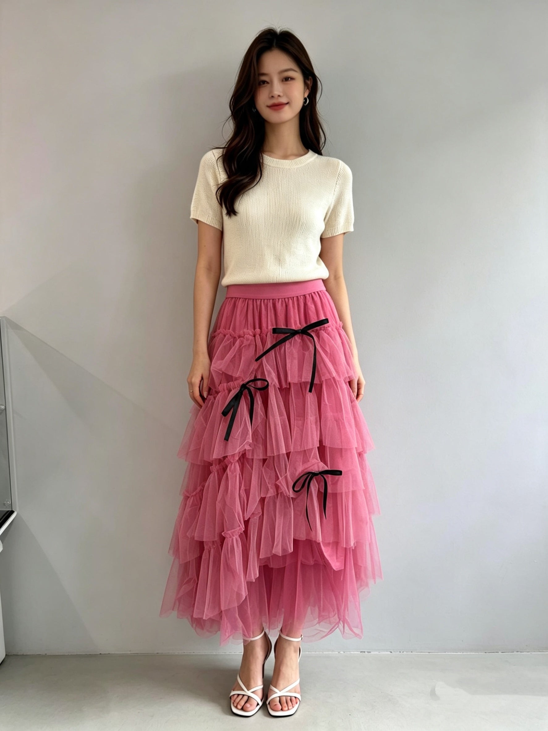 Tiered Tulle Midi Skirt with Bow Ribbon Detail