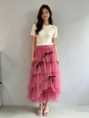 Tiered Tulle Midi Skirt with Bow Ribbon Detail