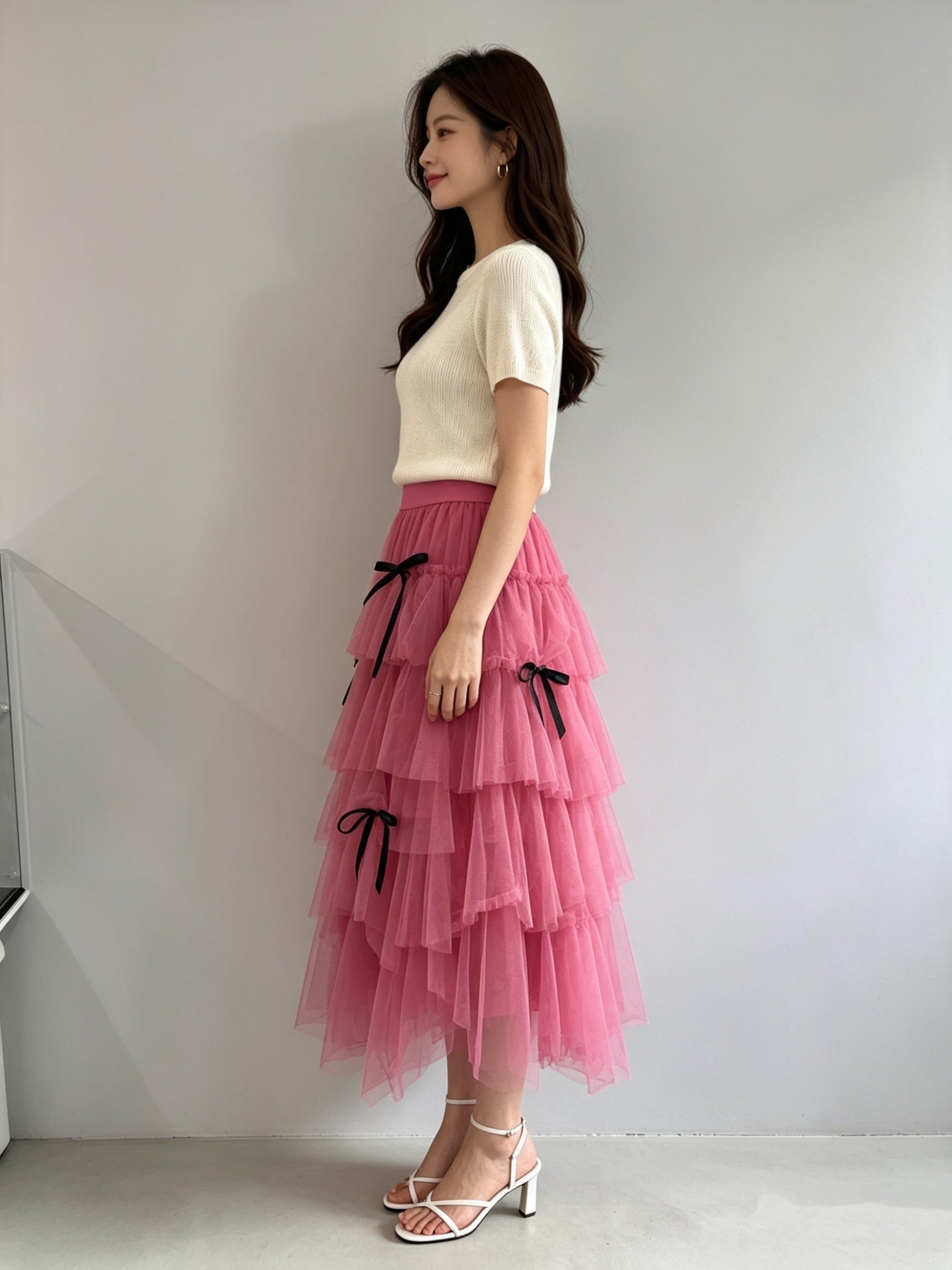 Tiered Tulle Midi Skirt with Bow Ribbon Detail