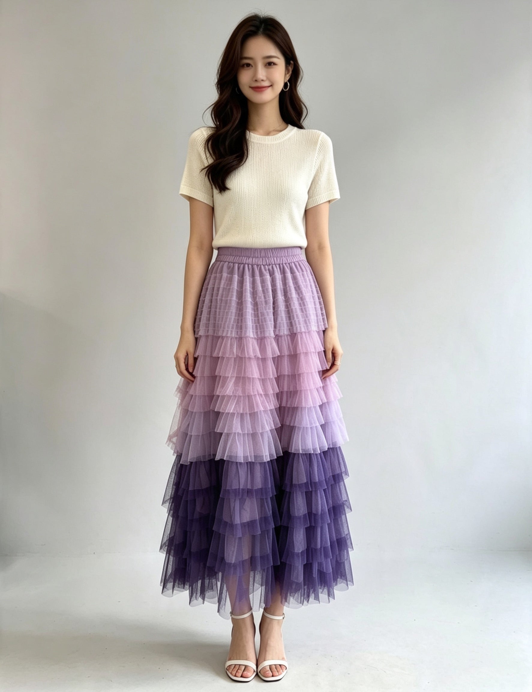 Multi-Colour Layered Tiered Ruffle Tulle Midi Skirt