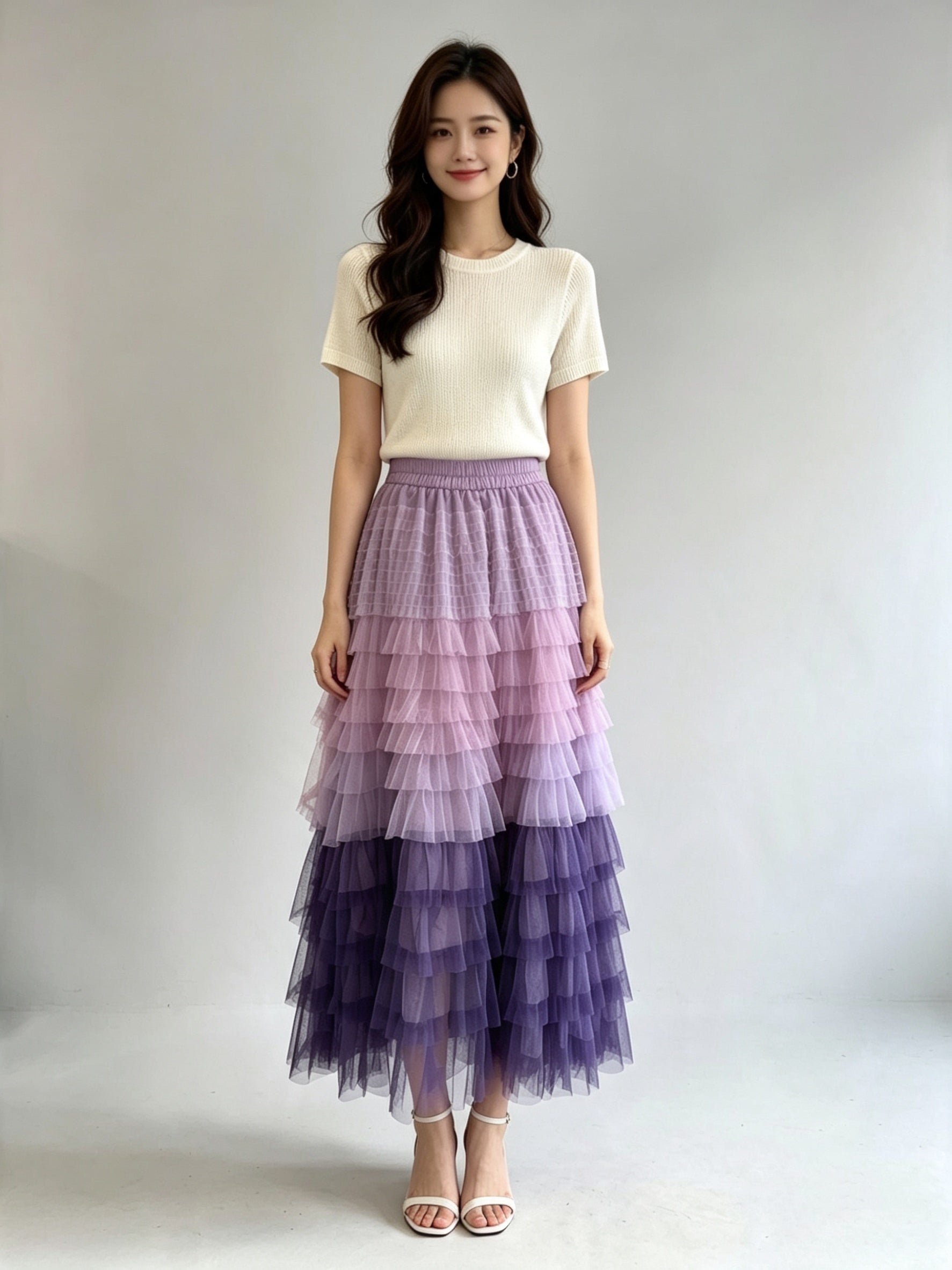 Multi-Colour Layered Tiered Ruffle Tulle Midi Skirt