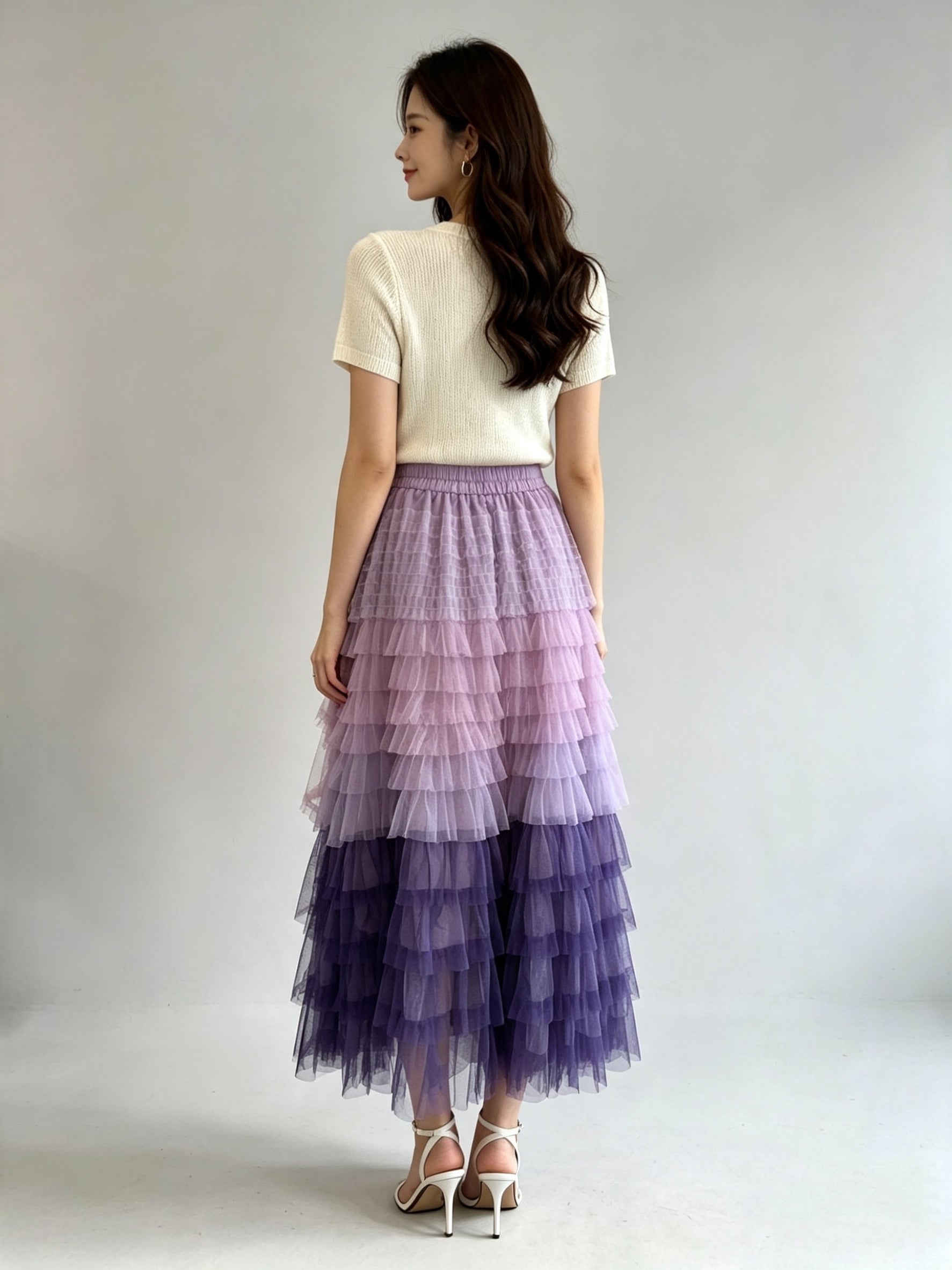Multi-Colour Layered Tiered Ruffle Tulle Midi Skirt