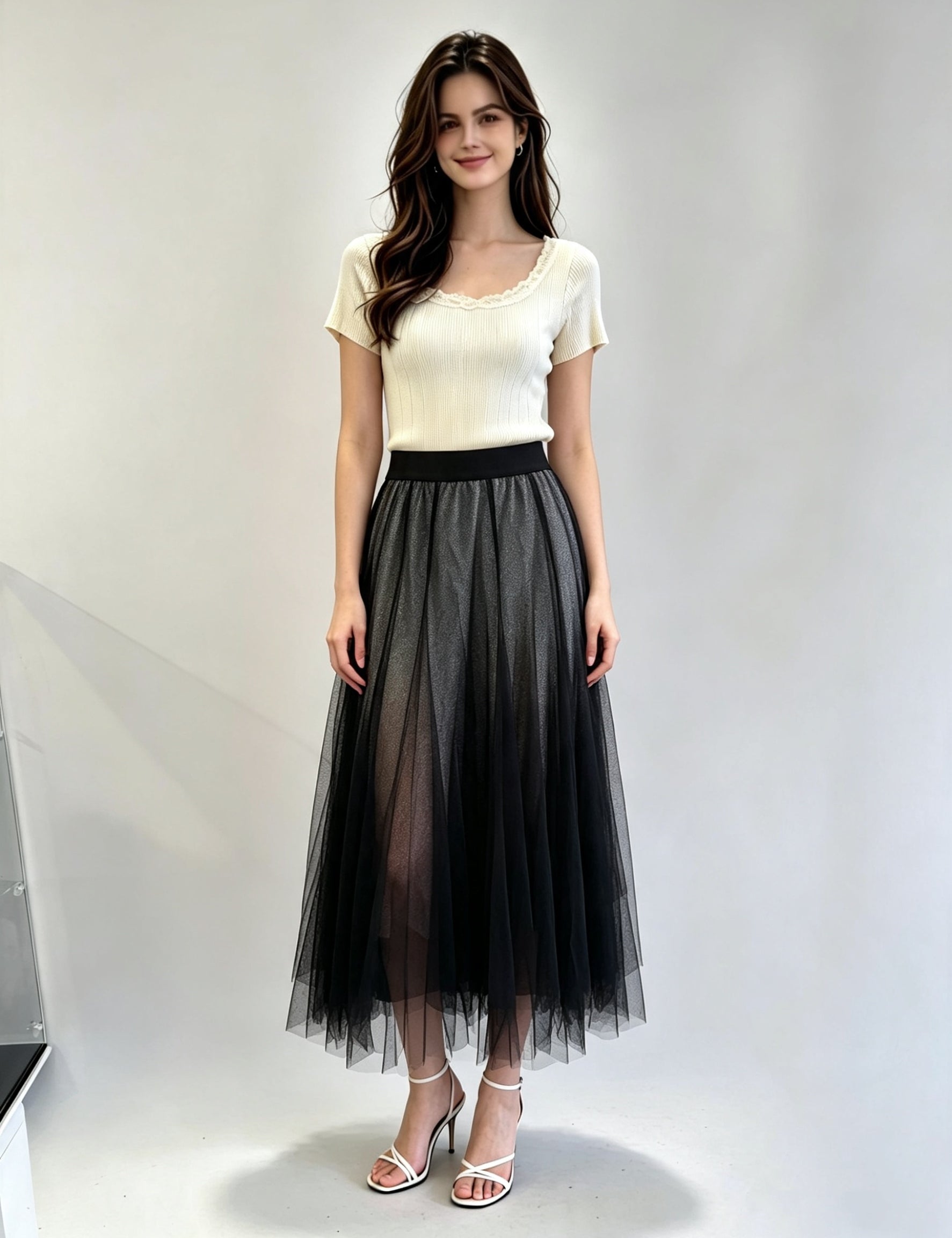 Plain Layered Tulle Midi Skirt with Elasticated Waistband