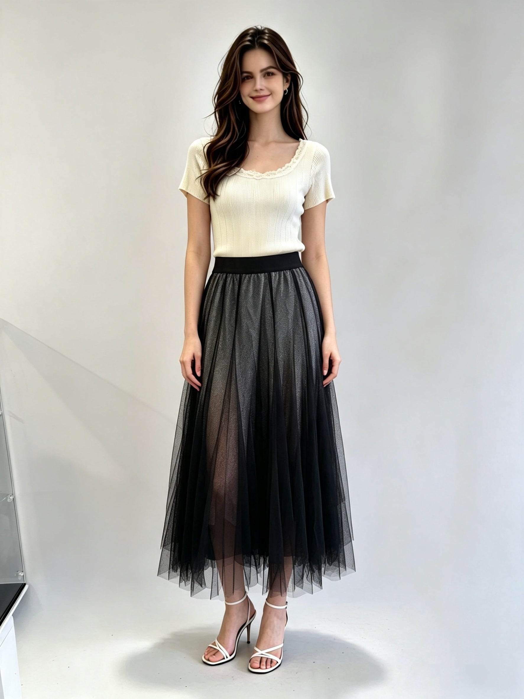 Plain Layered Tulle Midi Skirt with Elasticated Waistband