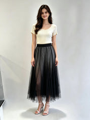 Plain Layered Tulle Midi Skirt with Elasticated Waistband