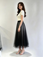 Plain Layered Tulle Midi Skirt with Elasticated Waistband