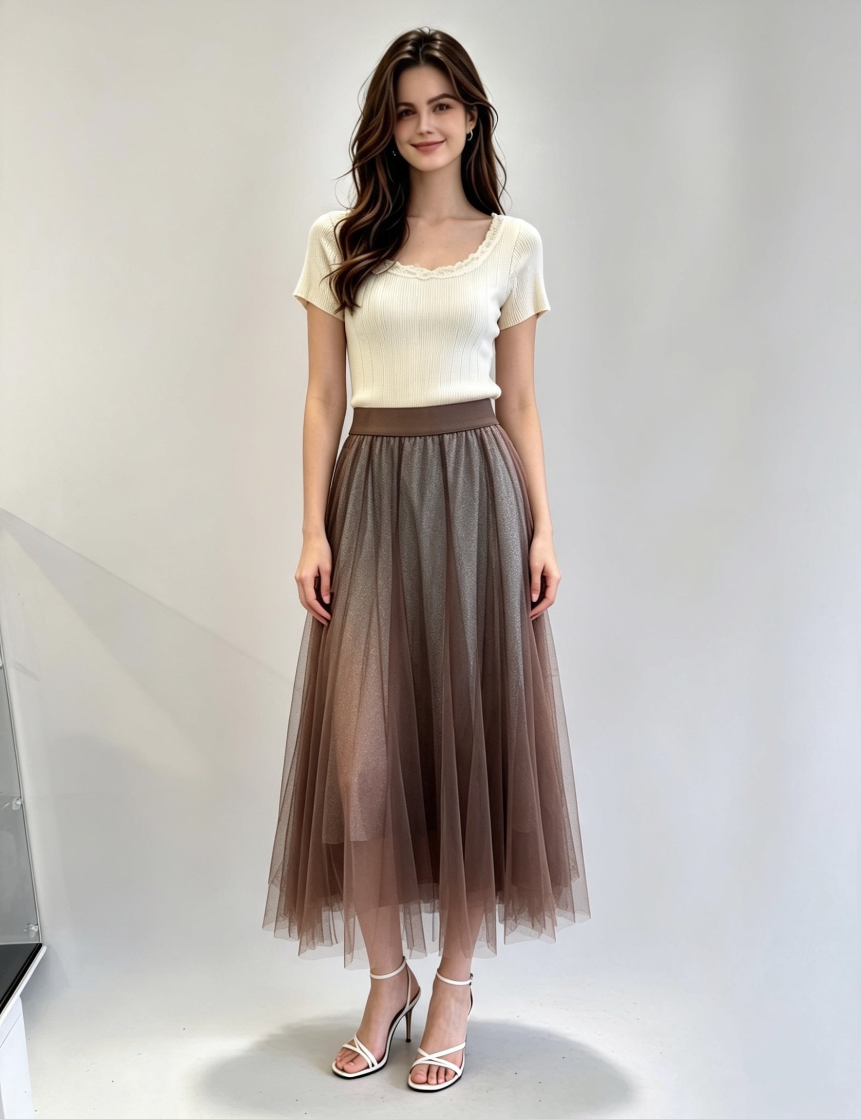 Plain Layered Tulle Midi Skirt with Elasticated Waistband