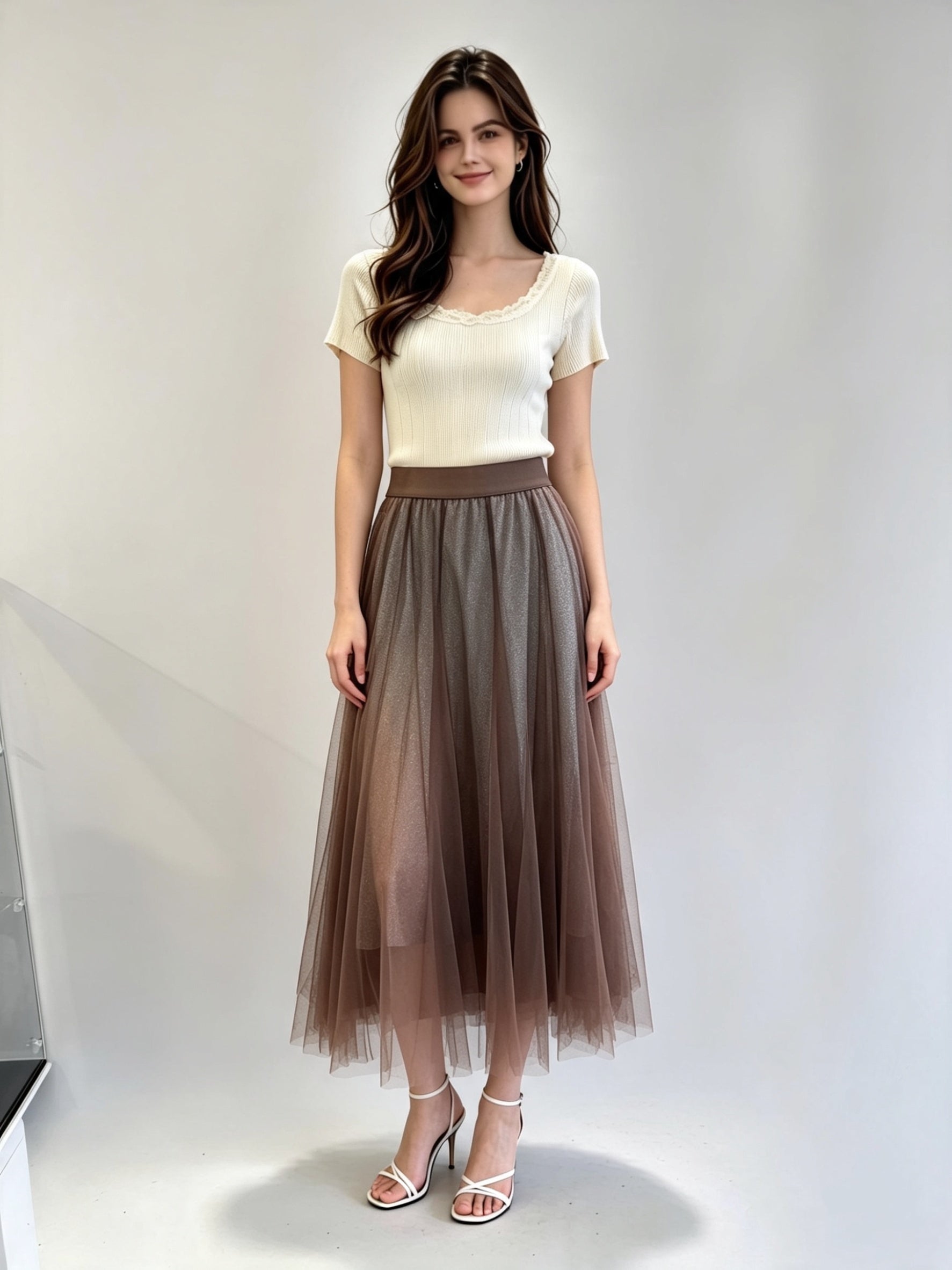 Plain Layered Tulle Midi Skirt with Elasticated Waistband
