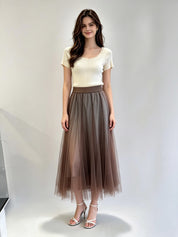 Plain Layered Tulle Midi Skirt with Elasticated Waistband