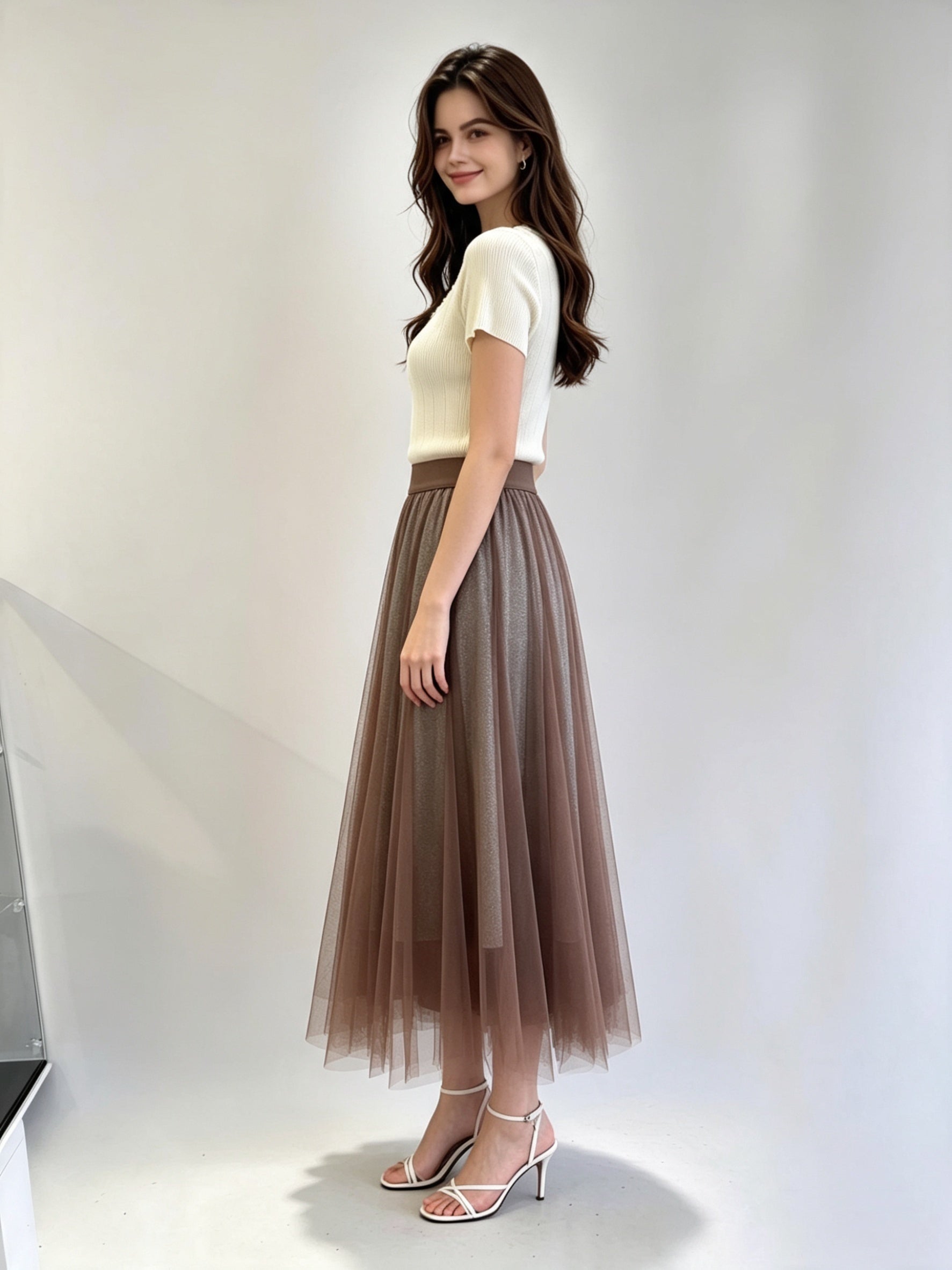 Plain Layered Tulle Midi Skirt with Elasticated Waistband