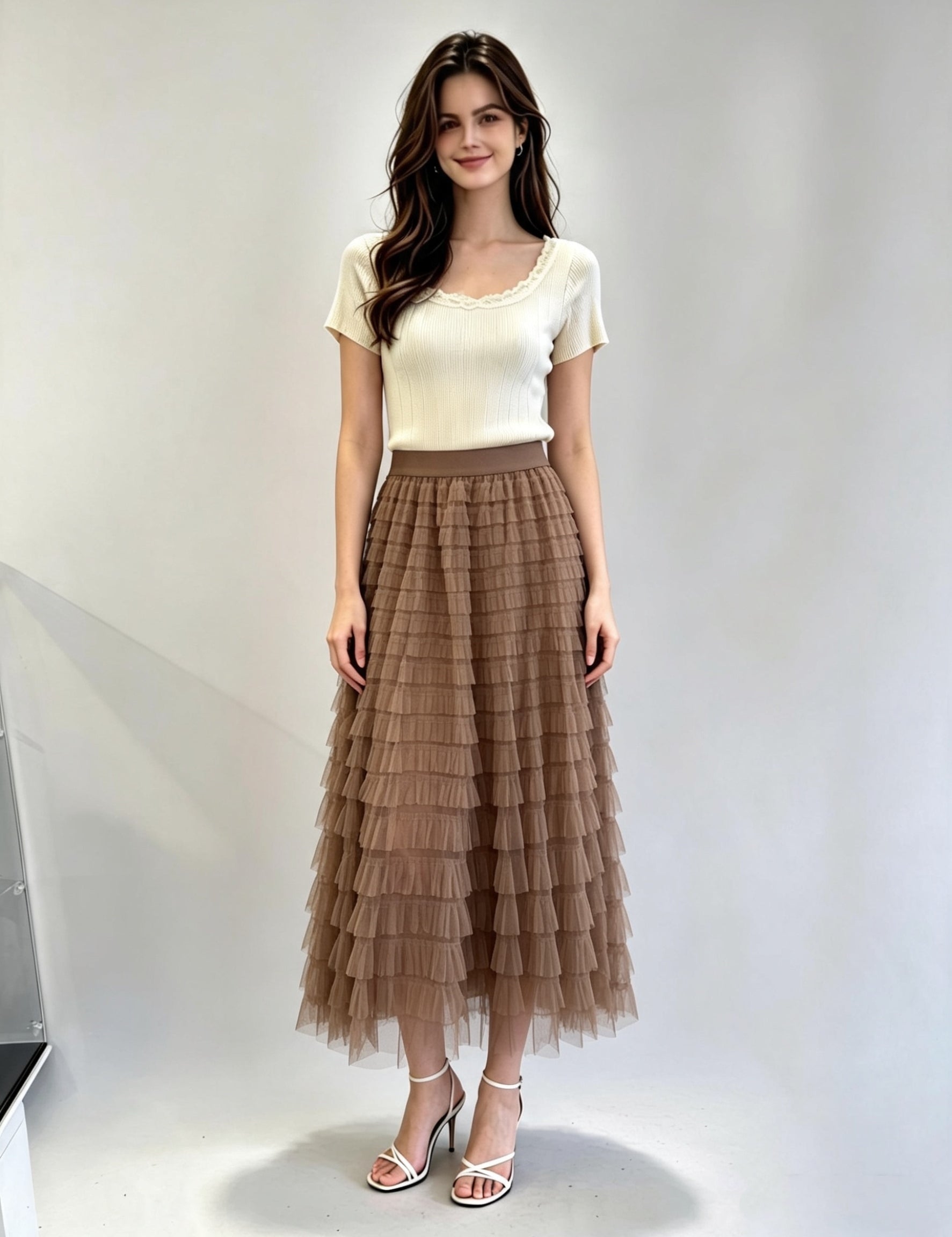 Tiered Ruffle Tulle Midi Skirt
