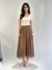 Tiered Ruffle Tulle Midi Skirt