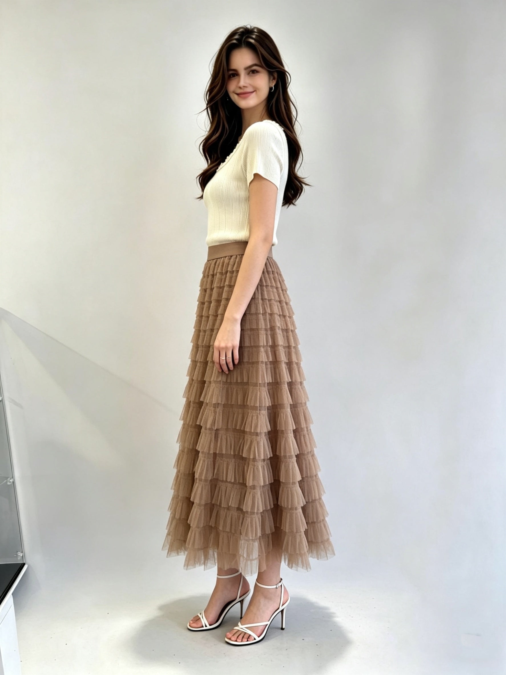 Tiered Ruffle Tulle Midi Skirt