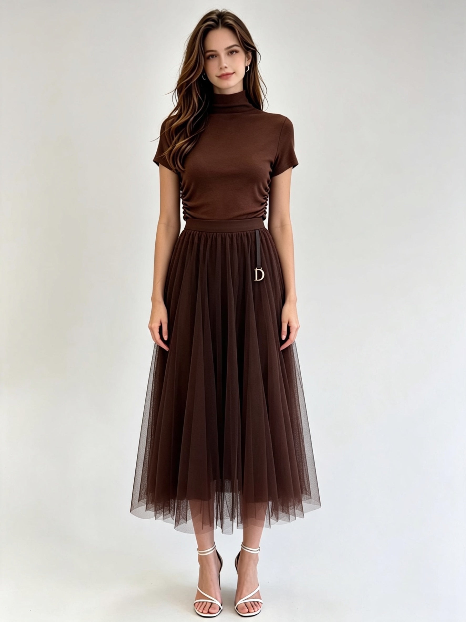 Brown Classic A-Line Tulle Midi Skirt with Gold Letter Charm