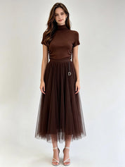 Brown Classic A-Line Tulle Midi Skirt with Gold Letter Charm