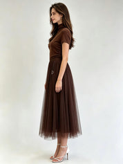 Brown Classic A-Line Tulle Midi Skirt with Gold Letter Charm