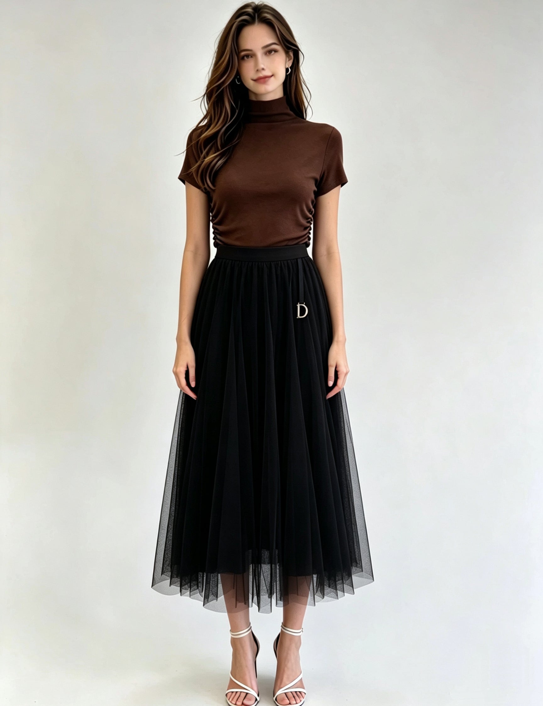 Brown Classic A-Line Tulle Midi Skirt with Gold Letter Charm