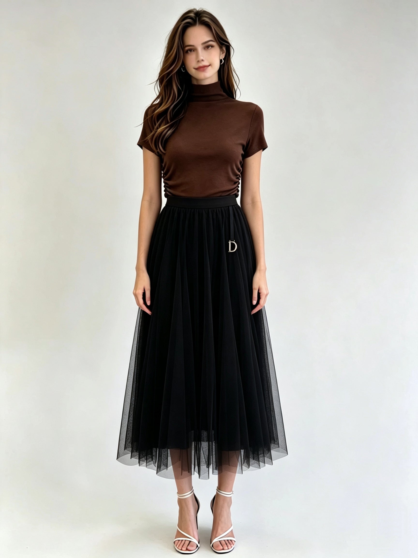 Brown Classic A-Line Tulle Midi Skirt with Gold Letter Charm