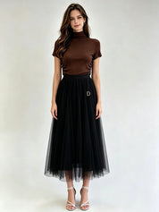 Brown Classic A-Line Tulle Midi Skirt with Gold Letter Charm