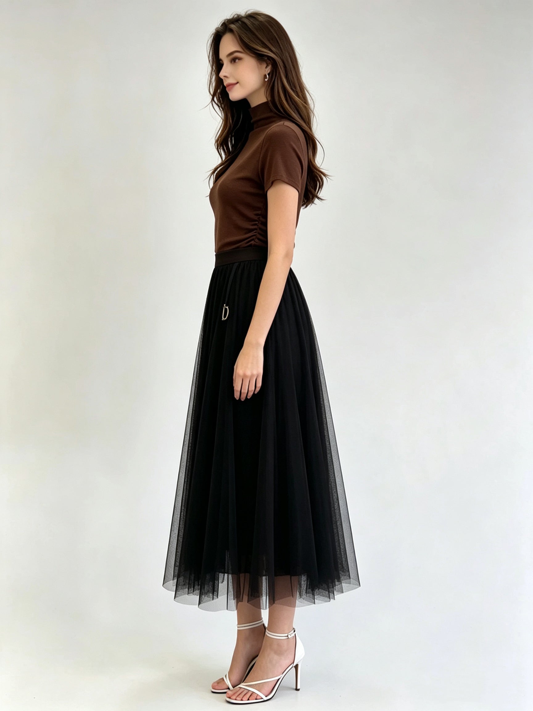 Brown Classic A-Line Tulle Midi Skirt with Gold Letter Charm