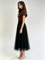 Brown Classic A-Line Tulle Midi Skirt with Gold Letter Charm