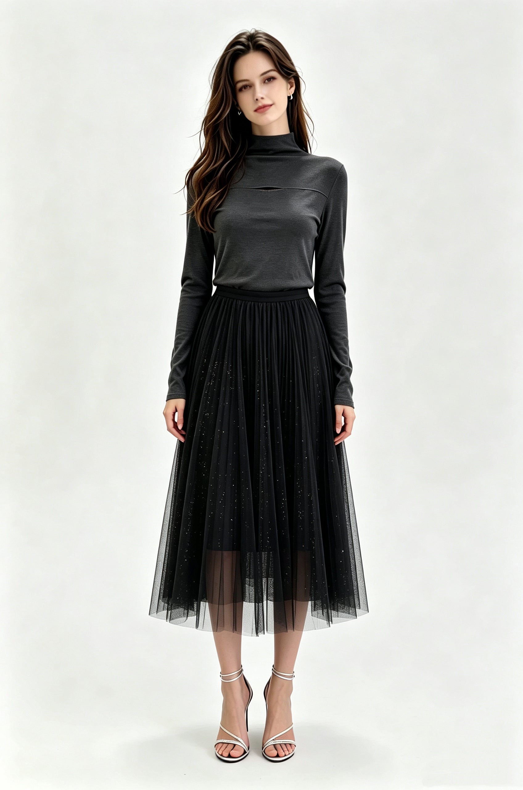 Black Glitter Dot Pleated Tulle Midi Skirt