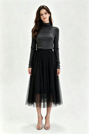 Black Glitter Dot Pleated Tulle Midi Skirt