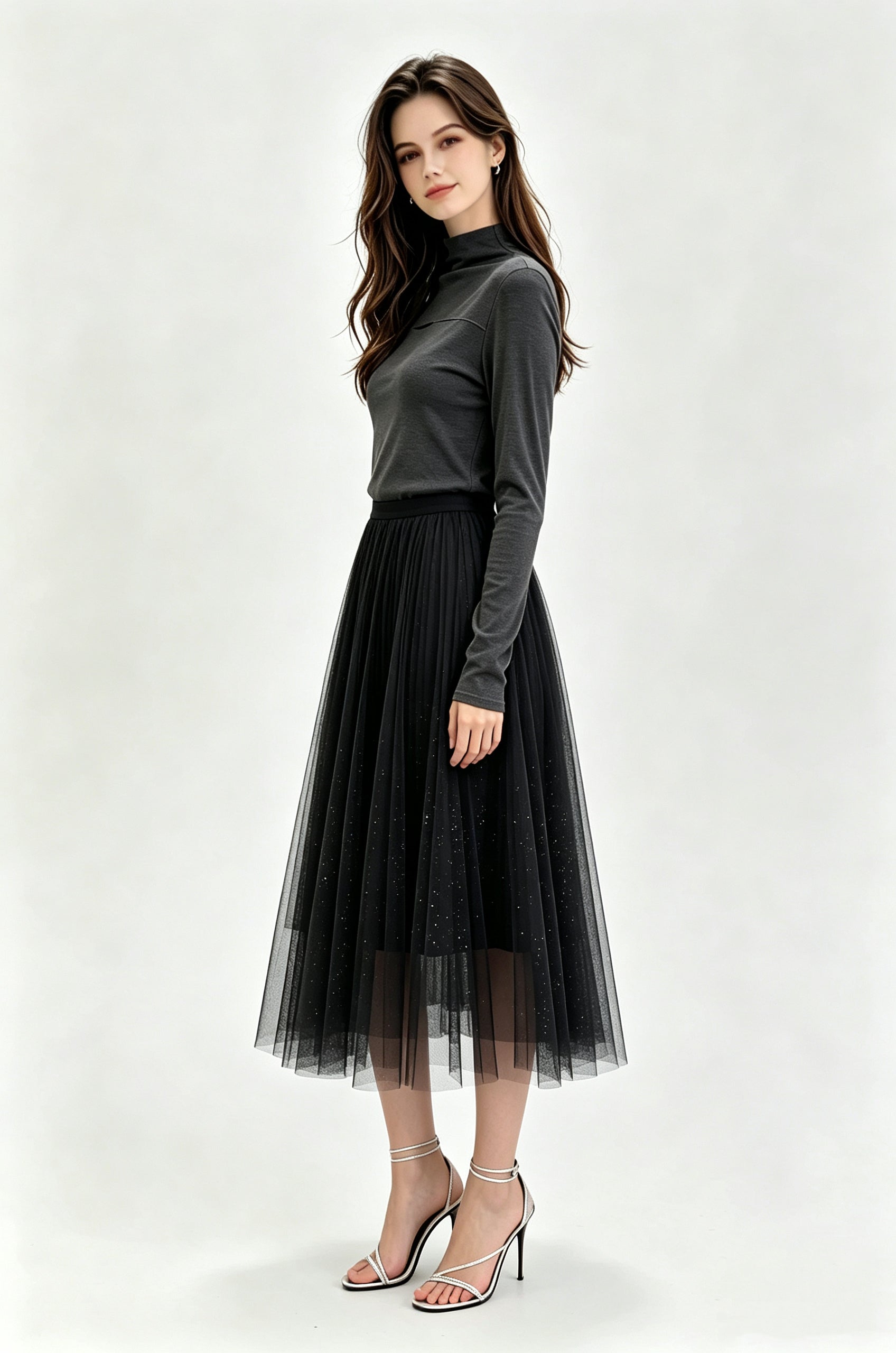 Black Glitter Dot Pleated Tulle Midi Skirt