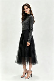 Black Glitter Dot Pleated Tulle Midi Skirt