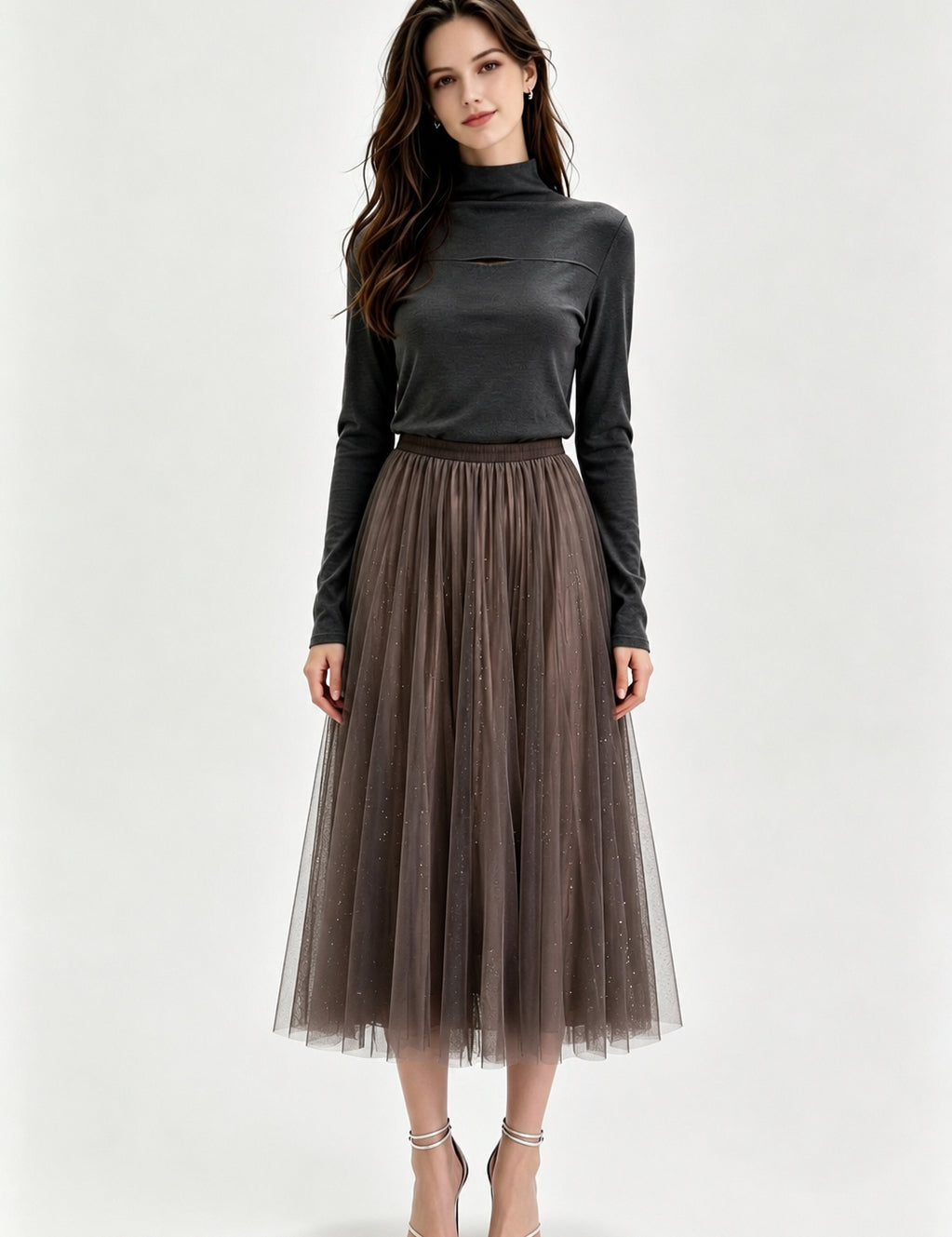 Black Glitter Dot Pleated Tulle Midi Skirt