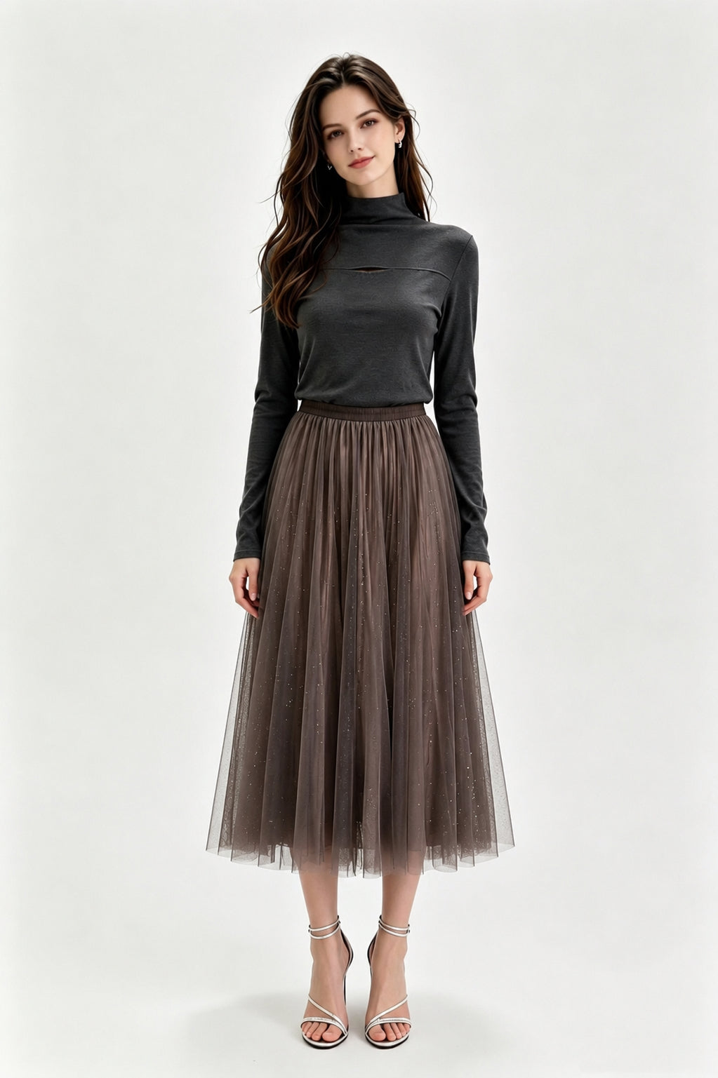 Black Glitter Dot Pleated Tulle Midi Skirt