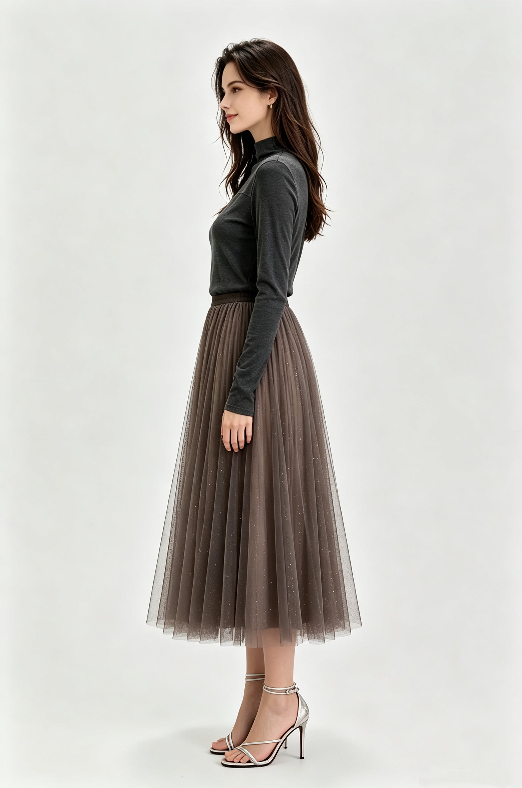 Black Glitter Dot Pleated Tulle Midi Skirt