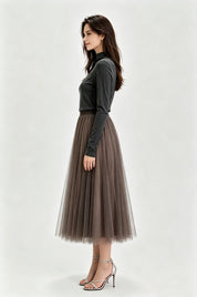 Black Glitter Dot Pleated Tulle Midi Skirt