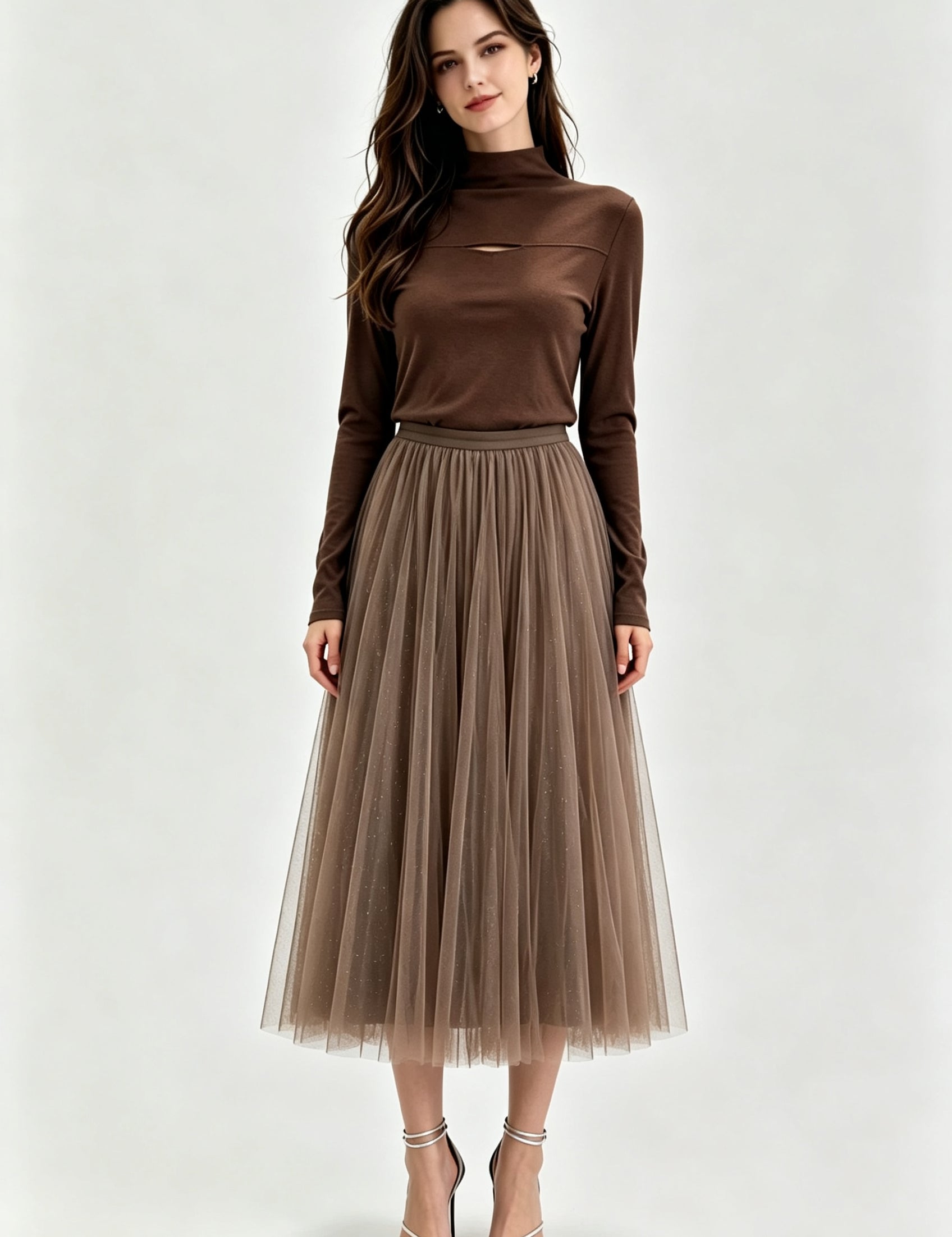 Black Glitter Dot Pleated Tulle Midi Skirt