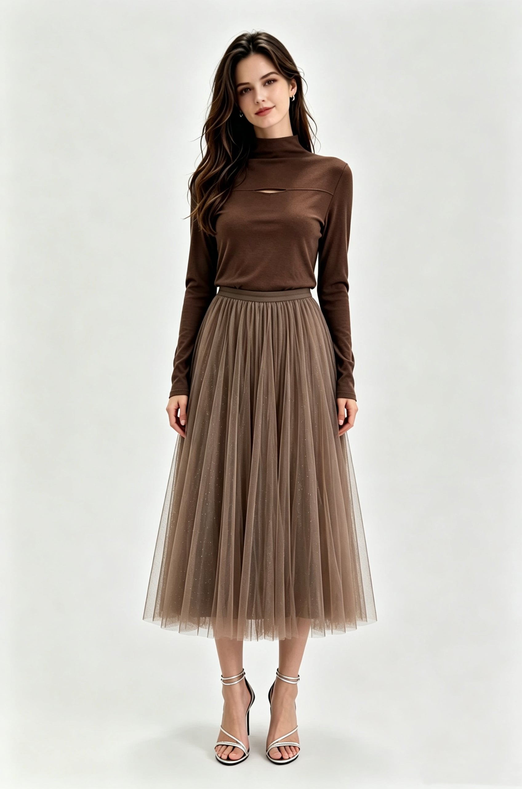 Black Glitter Dot Pleated Tulle Midi Skirt