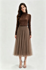 Black Glitter Dot Pleated Tulle Midi Skirt